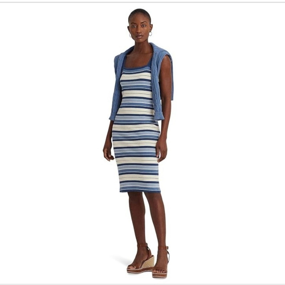 Lauren Ralph Lauren Blue and White Pencil Dress Knee-Length Resort Wear